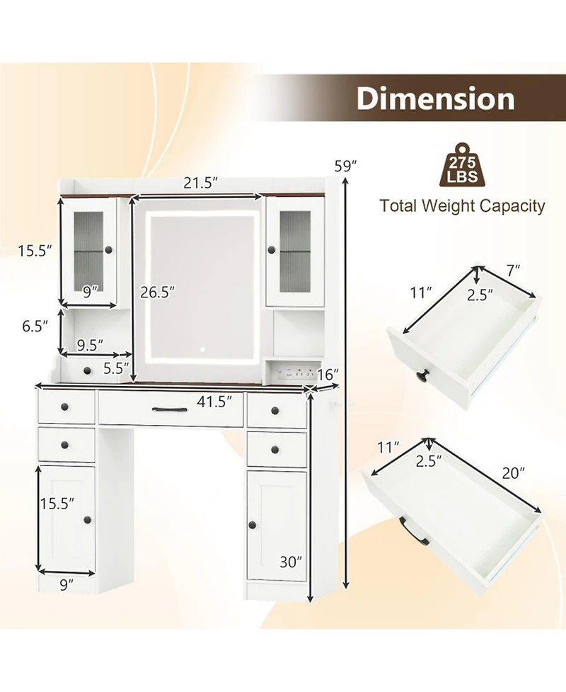Gouun 41.5 in Makeup Dressing Table with Power Outlets and Led Lighted Mirror