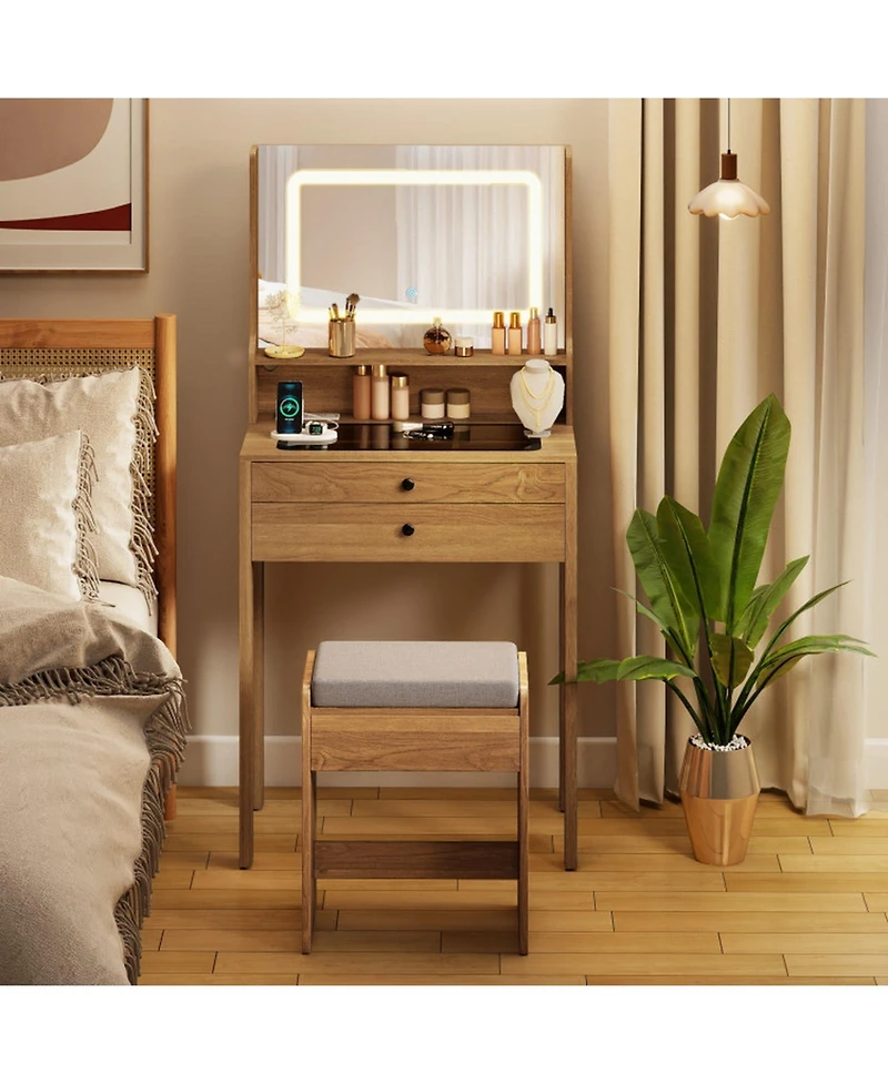 Gouun Small Vanity Desk with Led Mirror and Cushioned Stool for Small Spaces