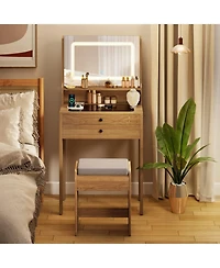 Gouun Small Vanity Desk with Led Mirror and Cushioned Stool for Small Spaces
