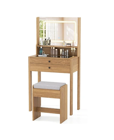 Gouun Small Vanity Desk with Led Mirror and Cushioned Stool for Small Spaces