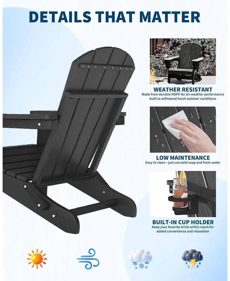 gaomon Folding Adirondack Chair Set of 2, All-Weather Hdpe Outdoor Chair, Wooden Textured with Cup Holder for patios, Decks, Gardens, fire pits