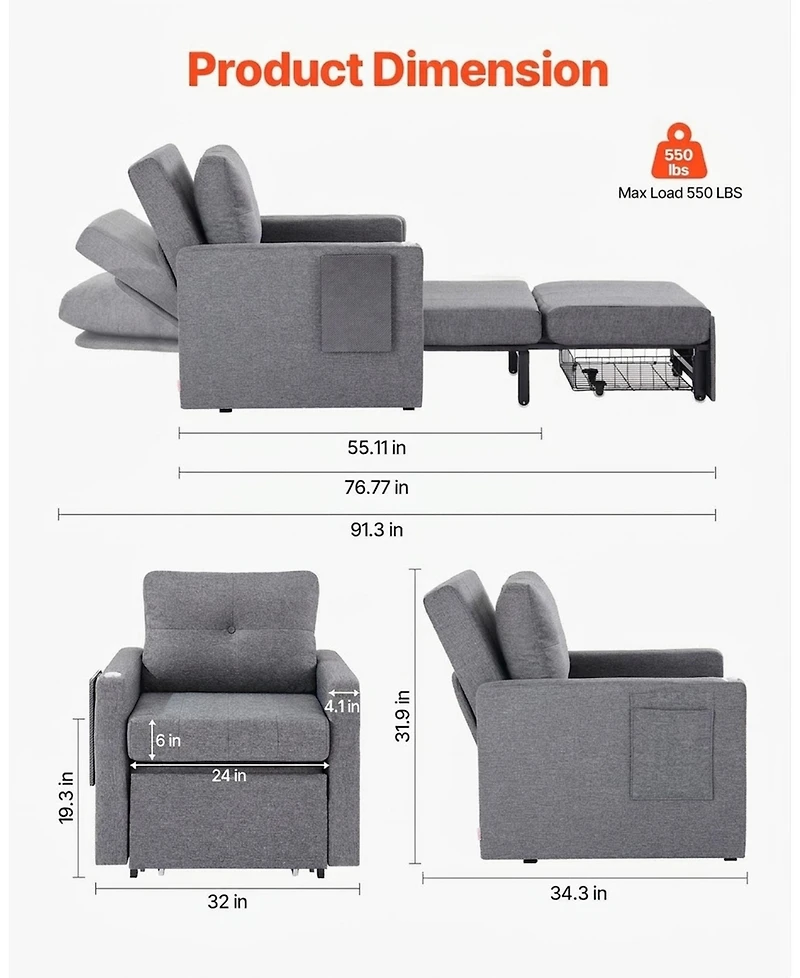 Gouun Convertible Sleeper Sofa Bed with 5 Adjustable Angles, Side Pockets, and Pull-Out Design