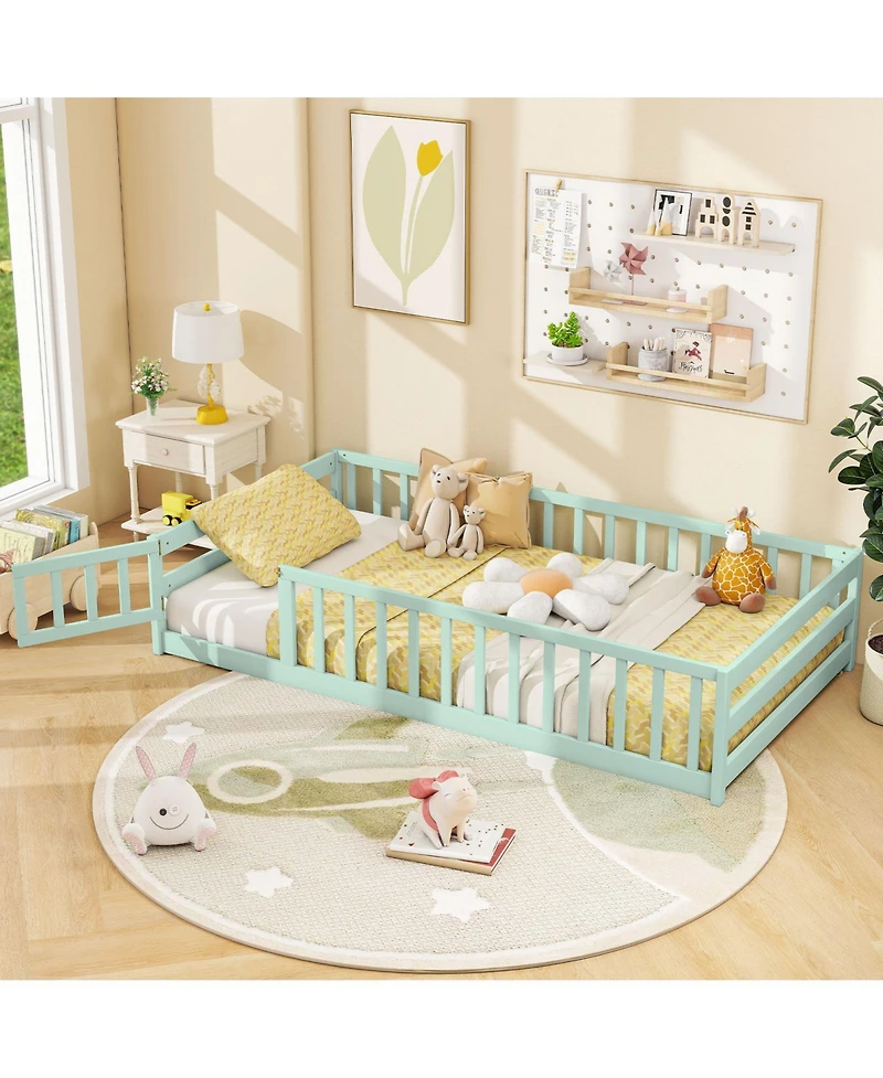 Sugift Twin Montessori Floor Bed Frame with Full Length Guardrails