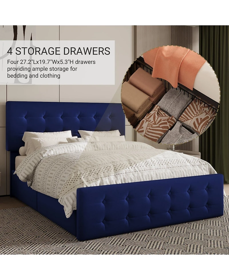 gaomon bed Frame 4 Storage Drawers Linen Upholstered Headboard Wooden Slats No Box Spring Button Tufted