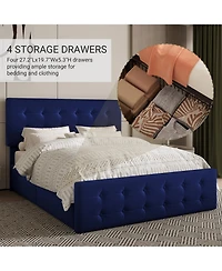 gaomon bed Frame 4 Storage Drawers Linen Upholstered Headboard Wooden Slats No Box Spring Button Tufted
