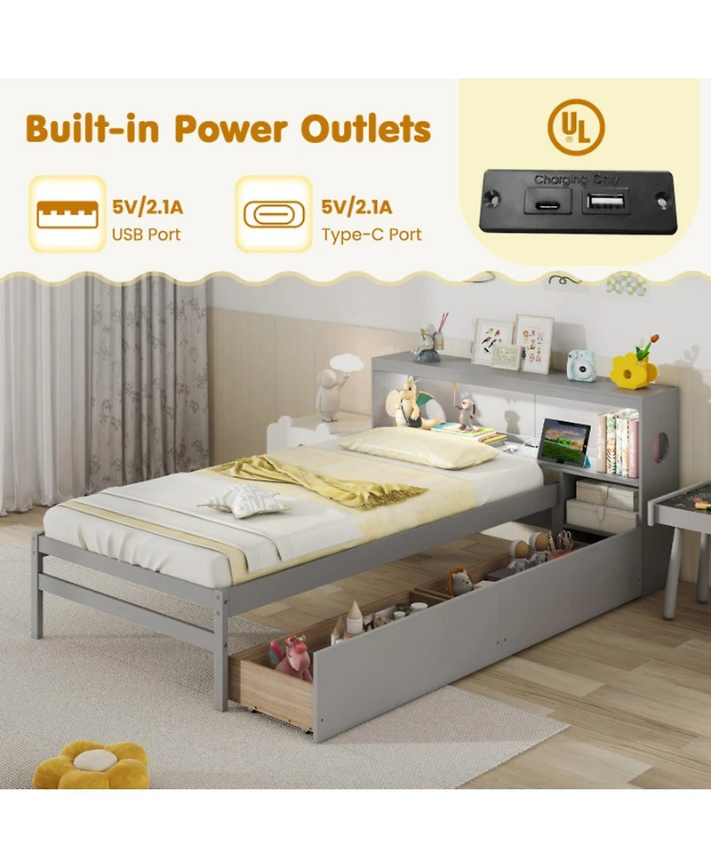 Gouun Solid Wood Platform Bed Frame with Led Lights and Headboard and Bookcase Headboard