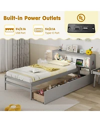 Gouun Solid Wood Platform Bed Frame with Led Lights and Headboard and Bookcase Headboard