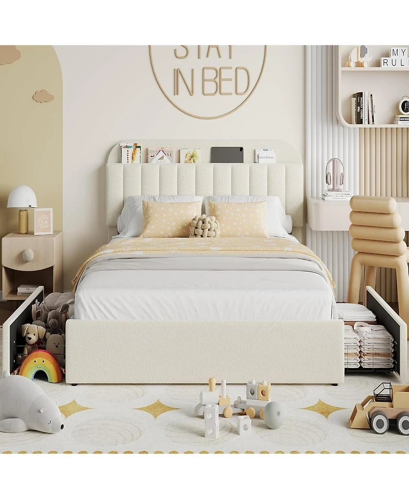 gaomon Bed Frame Storage Headboard 2 Drawers Boucle Upholstered Platform Bookcase Easy Assembly No Box Spring