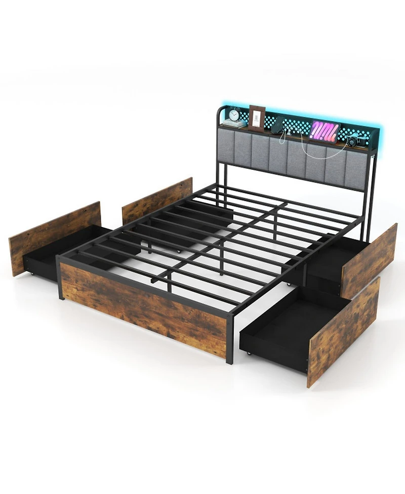Gouun Metal Platform Bed Frame with Led Lights and Storage Drawers and Headboard