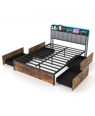 Gouun Metal Platform Bed Frame with Led Lights and Storage Drawers and Headboard