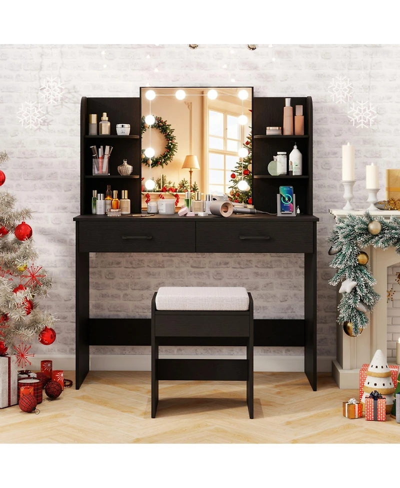 Gouun Makeup Vanity Set with Lighted Mirror Power Outlet and Cushioned Stool