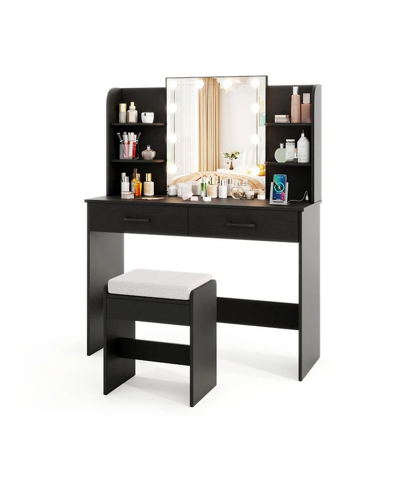 Gouun Makeup Vanity Set with Lighted Mirror Power Outlet and Cushioned Stool