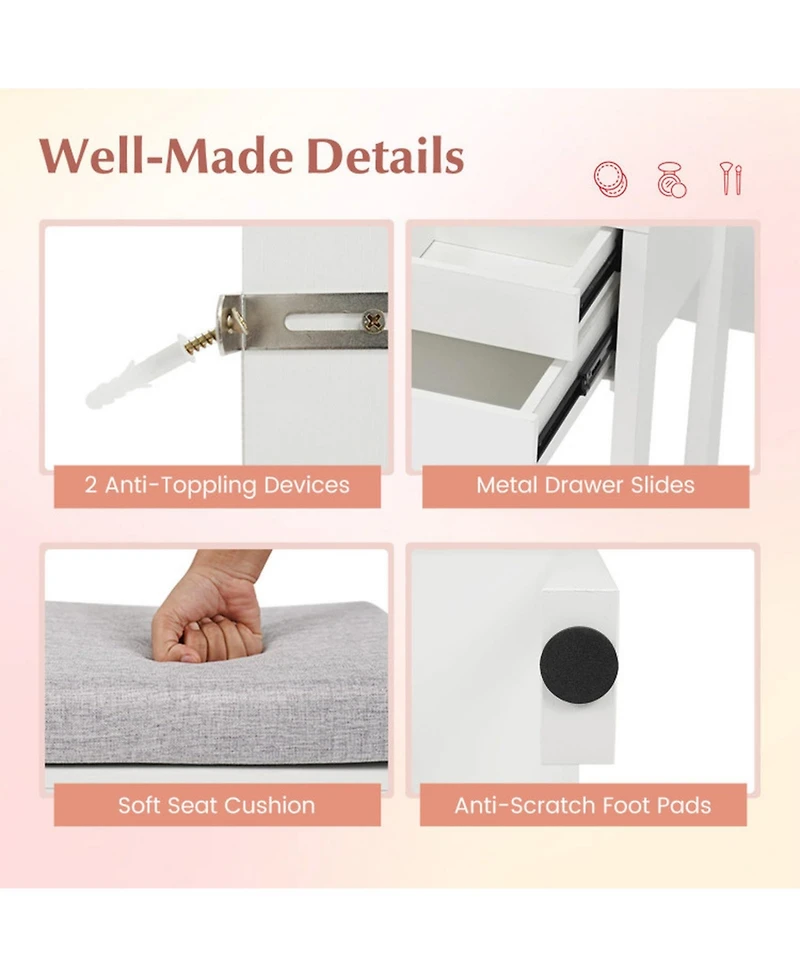 Gouun Small Vanity Desk with Lighted Mirror and Stool Set for Bedroom