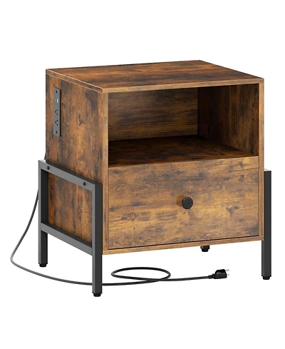 Gouun Nightstand with Charging Station Drawer and Open Compartment