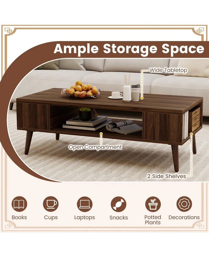 Gouun 42 in Mid-Century Coffee Table with Compartment and Side Shelves