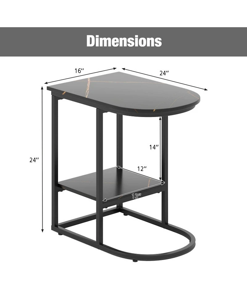 Gouun C-Shaped Modern Sofa Side Table with Faux Marble Top and Storage Shelf