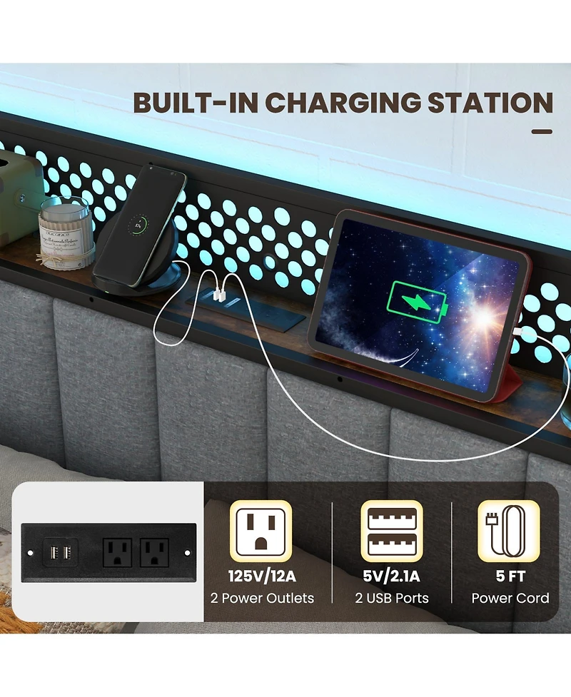 Sugift Bed Frame with Led Lights Upholstered Headboard Storage Drawers