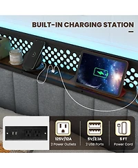 Sugift Bed Frame with Led Lights Upholstered Headboard Storage Drawers