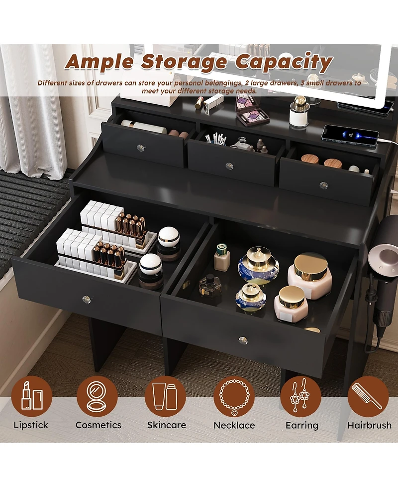 Rainsken Mirror Vanity Desk, Makeup Vanity Set with 5 Drawers, Power Outlet