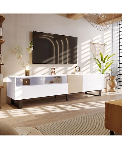 Rainsken Modern Wooden Media Console for 80 Inch Tvs, Entertainment Center with Dual Storage and Drop Down Door, TV Stand for Living Room