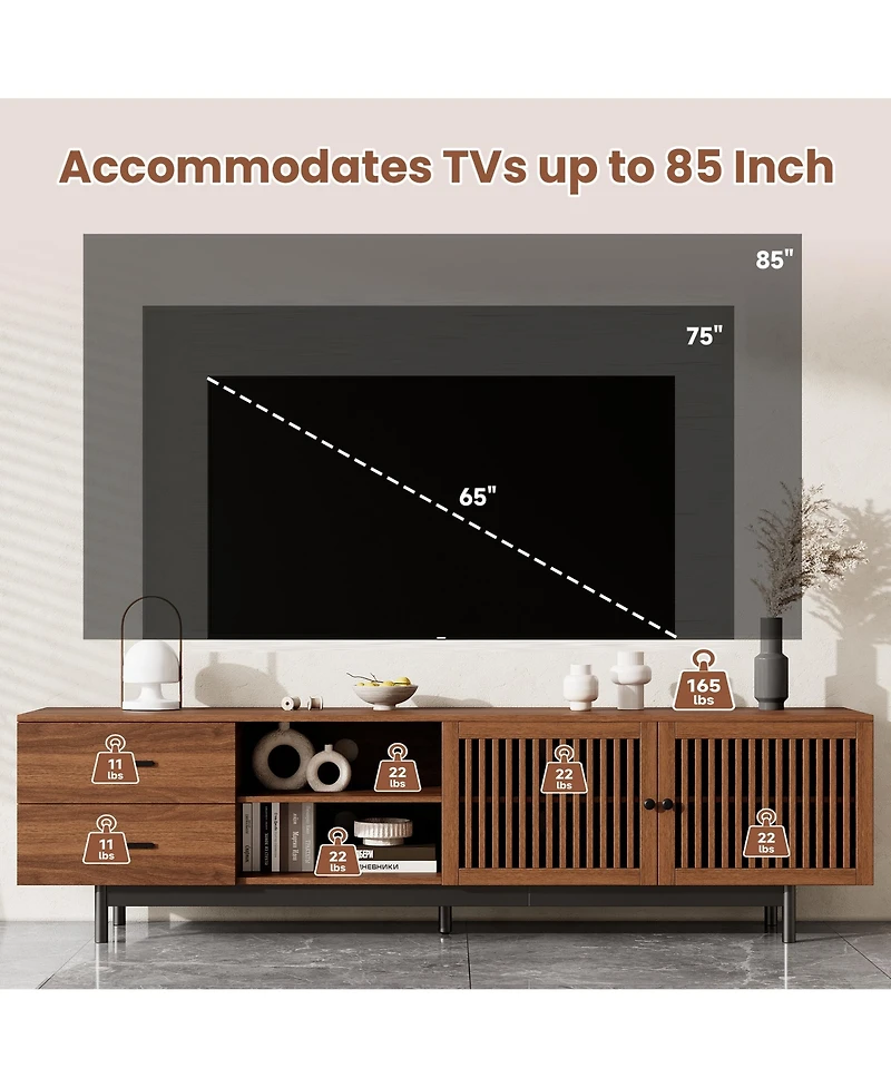 Rainsken 78 inch Tv Stand for TVs, Walnut Media Console Table, Entertainment Center with Deep Drawers and Cable Management for Living Room
