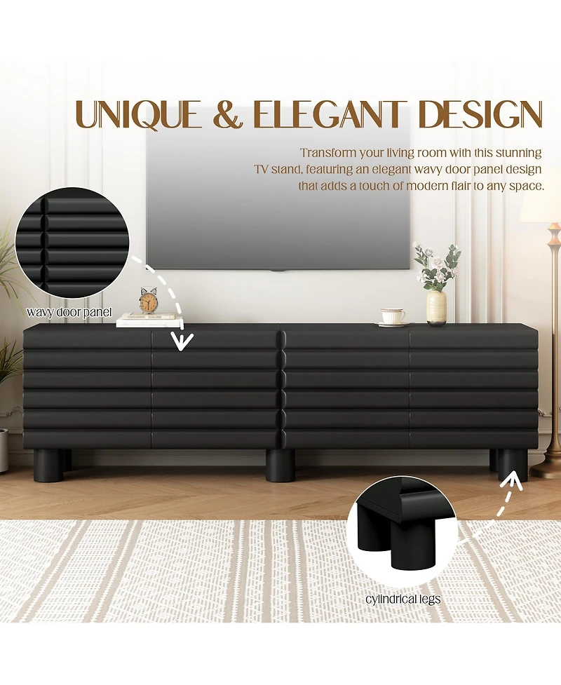 Rainsken Modern Wavy Door Media Console for 75-Inch TVs, Sleek Entertainment Center with 4 Storage Cabinets and Adjustable Shelves for Living Room