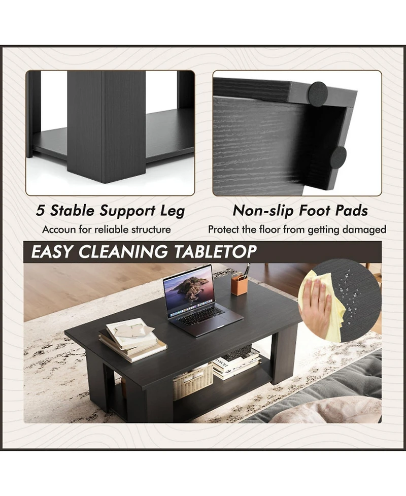 Gouun 41 in Modern 2-Tier Rectangular Coffee Table with Open Storage Shelf