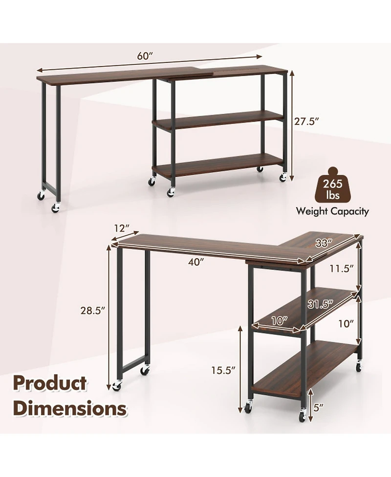 Gouun 360-Degree Rotating Sofa Side Table with Wheels and Storage, 40-60 in