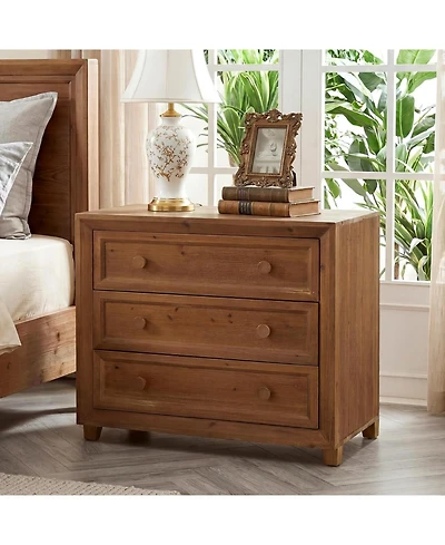 Tribesigns Solid Wood Nightstand with 3 Drawers, 31.5 Wide Bedside Table with Round Wooden Knobs and Low-Profile Legs