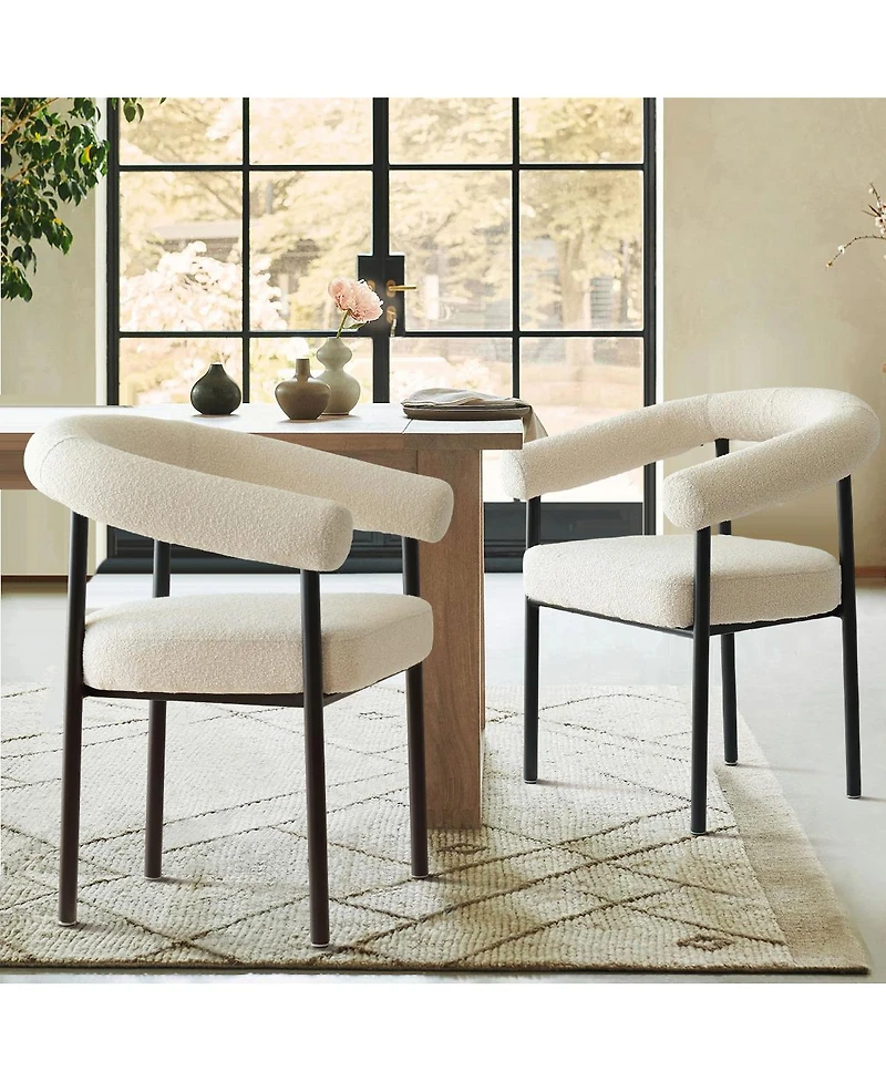 Maison Boucle Set of 2 Boucle Upholstered Dining Armchairs Curved Arms Metal Legs