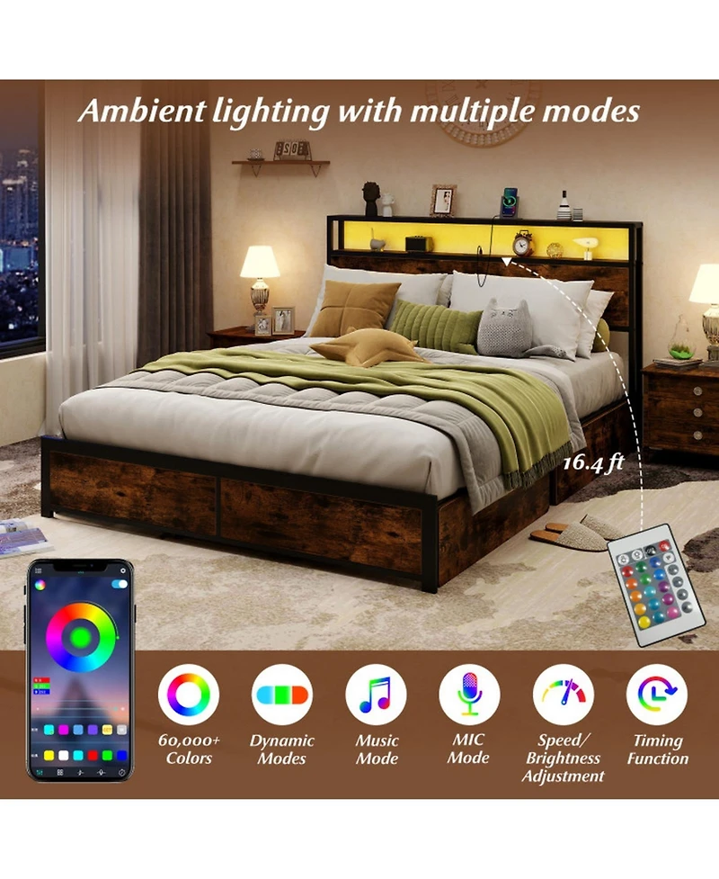 Gouun Queen Metal and Wood Bed Frame with Led Lights and Charging Station and Storage Drawers