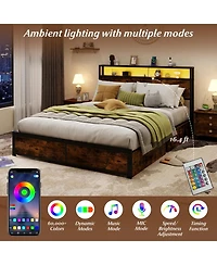 Gouun Queen Metal and Wood Bed Frame with Led Lights and Charging Station and Storage Drawers