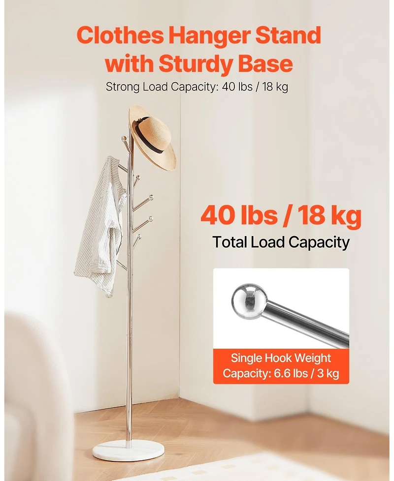 Gouun Freestanding Coat Rack with Marble Base and 8 Hooks