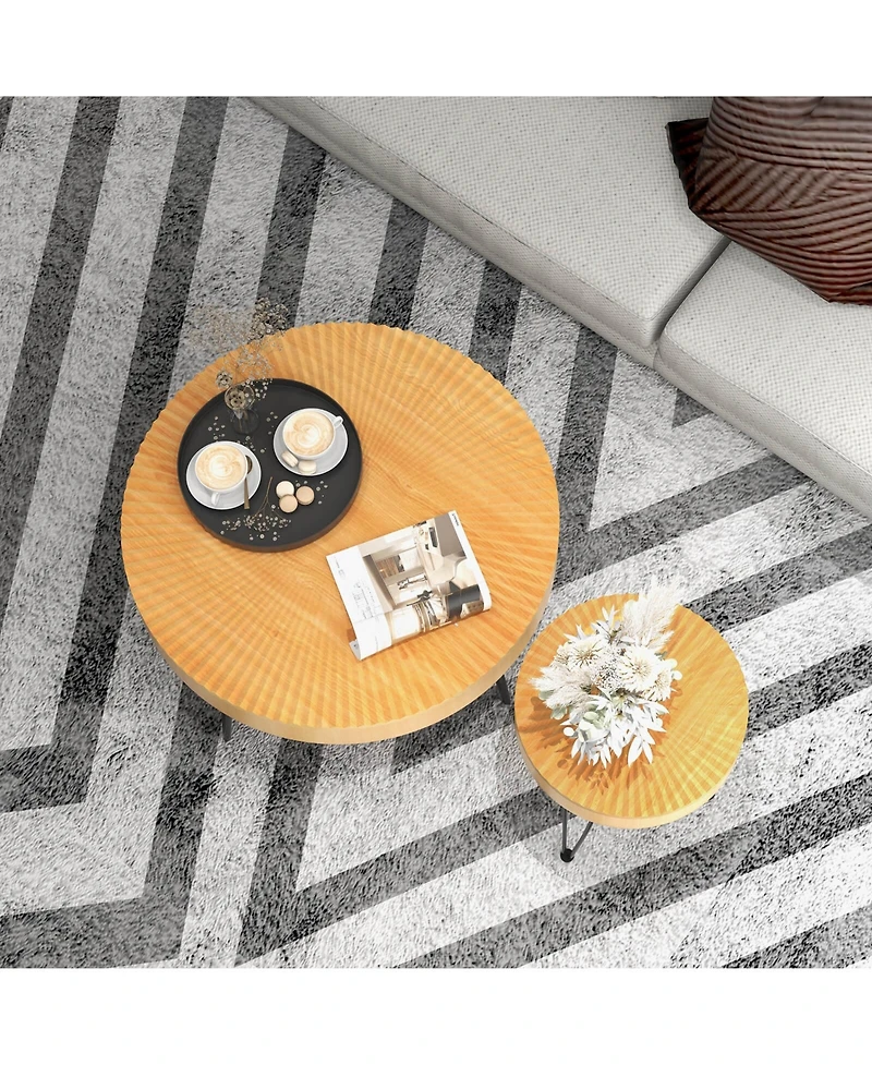 Sugift Wooden Coffee Table Set of Two with Metal Legs