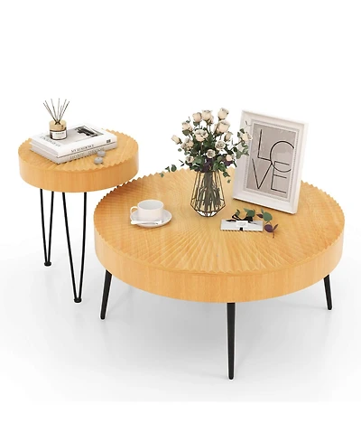 Sugift Wooden Coffee Table Set of Two with Metal Legs