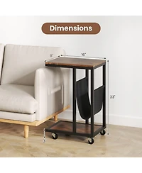 Gouun C-Shaped Side Table with Canvas Storage Pouch and Rolling Casters