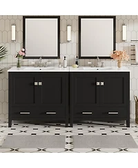 Sillysis 72 Inch Double Bathroom Vanity Set with Ceramic Sinks, Solid Wood Cabinet, Ample Storage and Soft Close Doors, Modern Freestanding