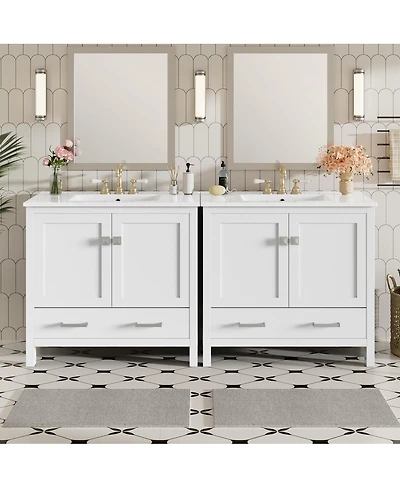 Sillysis 72 Inch Double Bathroom Vanity Set with Ceramic Sinks, Solid Wood Cabinet, Ample Storage and Soft Close Doors, Modern Freestanding