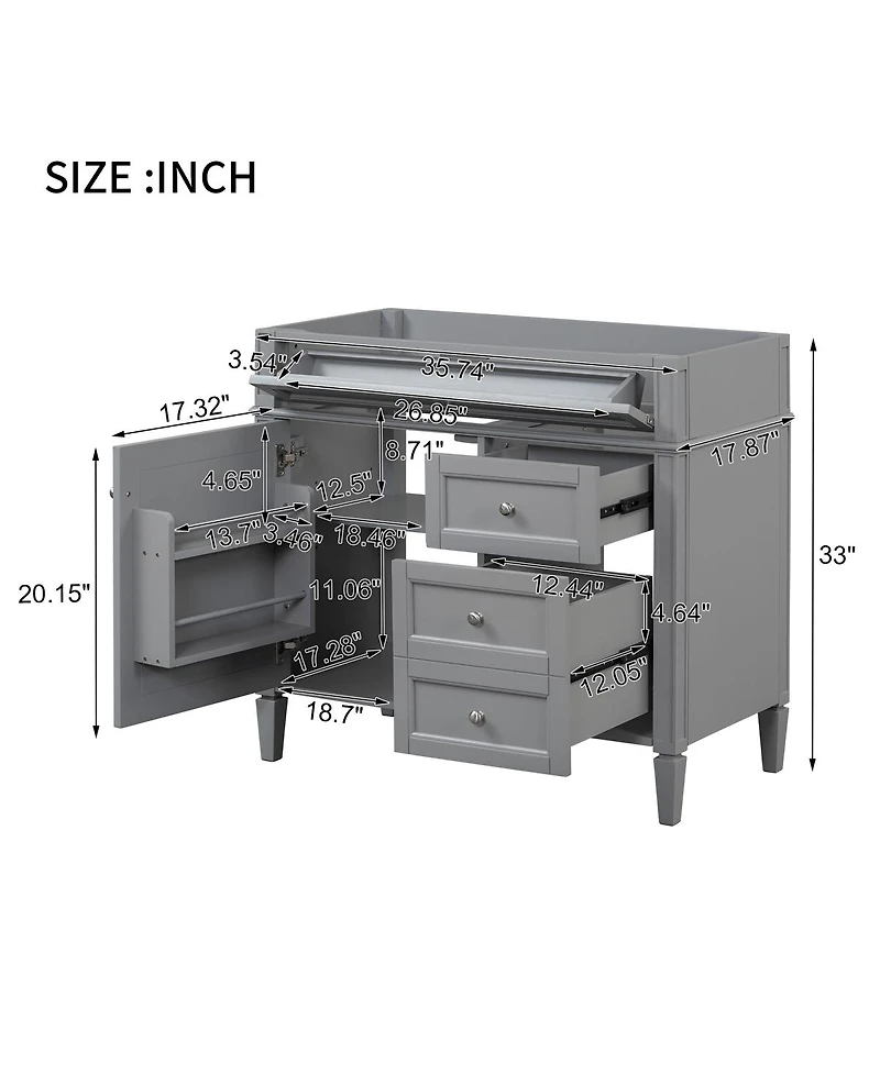 Sillysis 36 Inch Modern Bathroom Vanity without Top Sink, Soft Close Drawers and Adjustable Shelf for Small Spaces