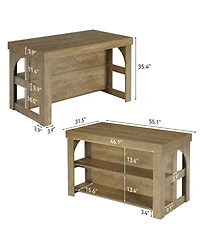 Tribesigns Kitchen Island with Storage, 55-Inch Large Stationary Center Island with 3 Shelves and Seating Space, Farmhouse Wooden Bar Table