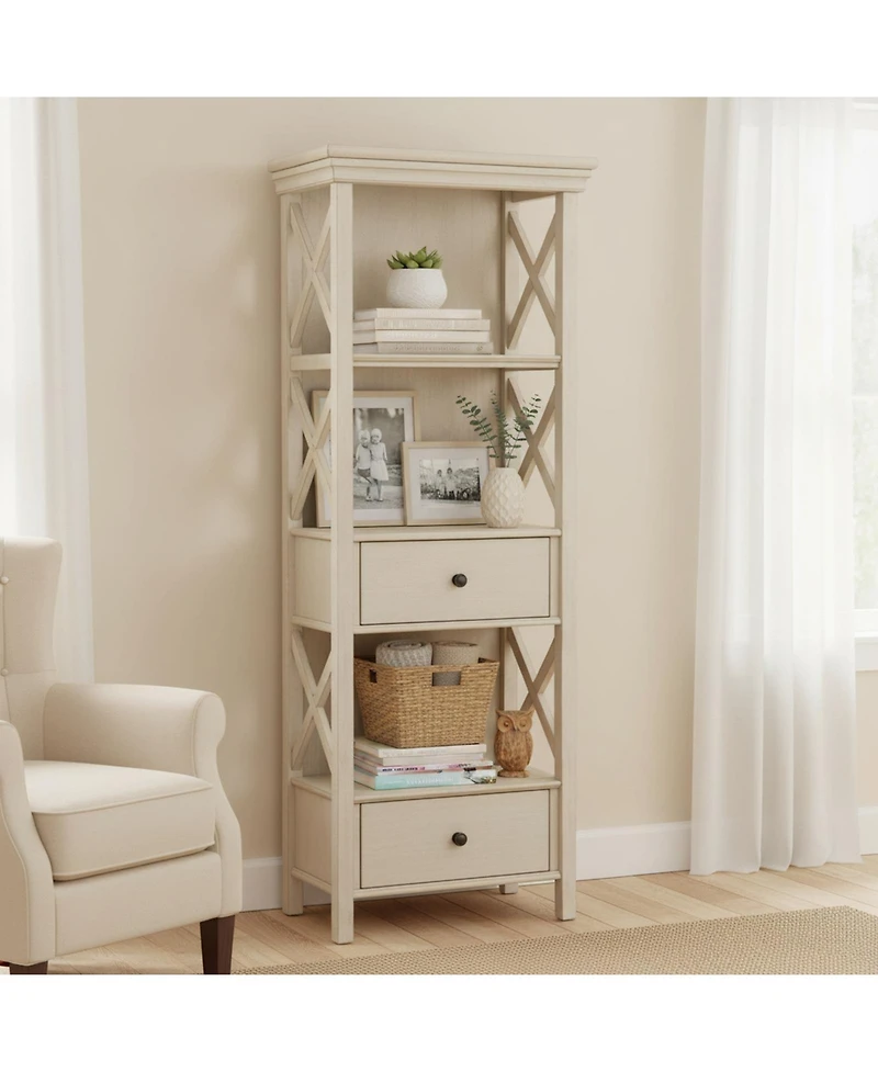 Yigii Cottage Chic Display Cabinet Bookcase Antique White Engineered Wood 3 Shelves 2 Drawers Lattice Sides Crown Moulding