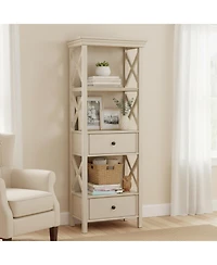 Yigii Cottage Chic Display Cabinet Bookcase Antique White Engineered Wood 3 Shelves 2 Drawers Lattice Sides Crown Moulding