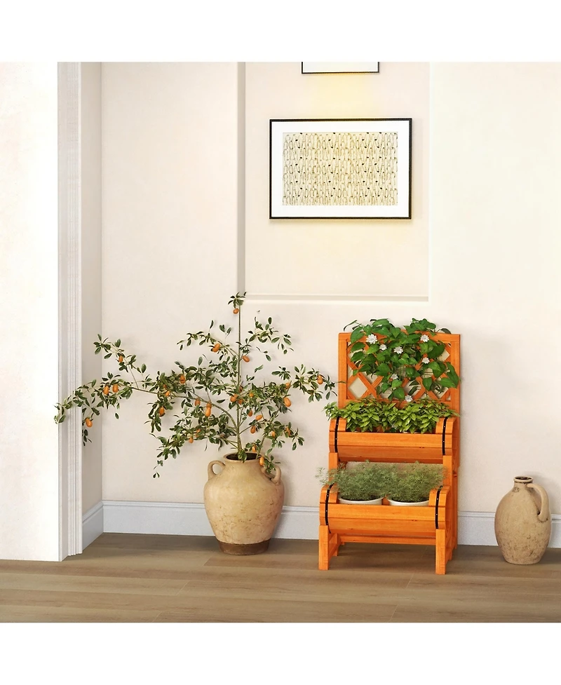 Gymax 2-Tier Wooden Raised Garden Bed Container w/2 Cylindrical Planter Boxes and Trellis