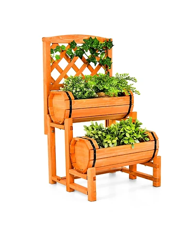 Gymax 2-Tier Wooden Raised Garden Bed Container w/2 Cylindrical Planter Boxes and Trellis