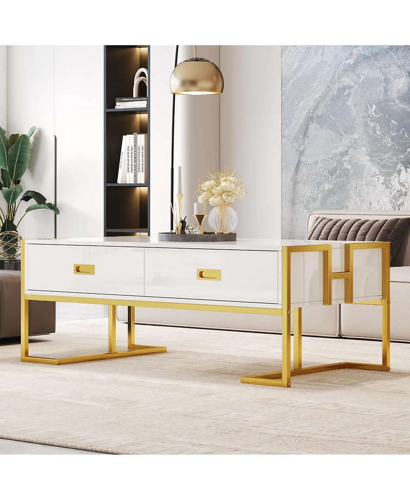 Rainsken Rectangular Coffee Table, Modern 47.4" Center Table with 4 Drawers and Gold Metal Base for Living Room