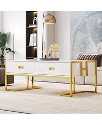 Rainsken Rectangular Coffee Table, Modern 47.4" Center Table with 4 Drawers and Gold Metal Base for Living Room