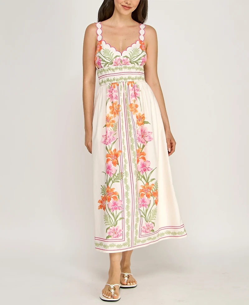 Row A Juniors' Sleeveless Scallop Strap Ruched Waist Midi Dress