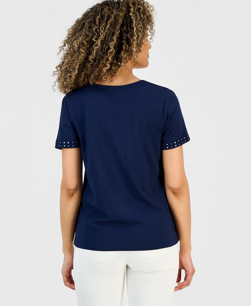 Style & Co Petite Short-Sleeve Mirror-Trim Knit Top, Macy's Exclusive