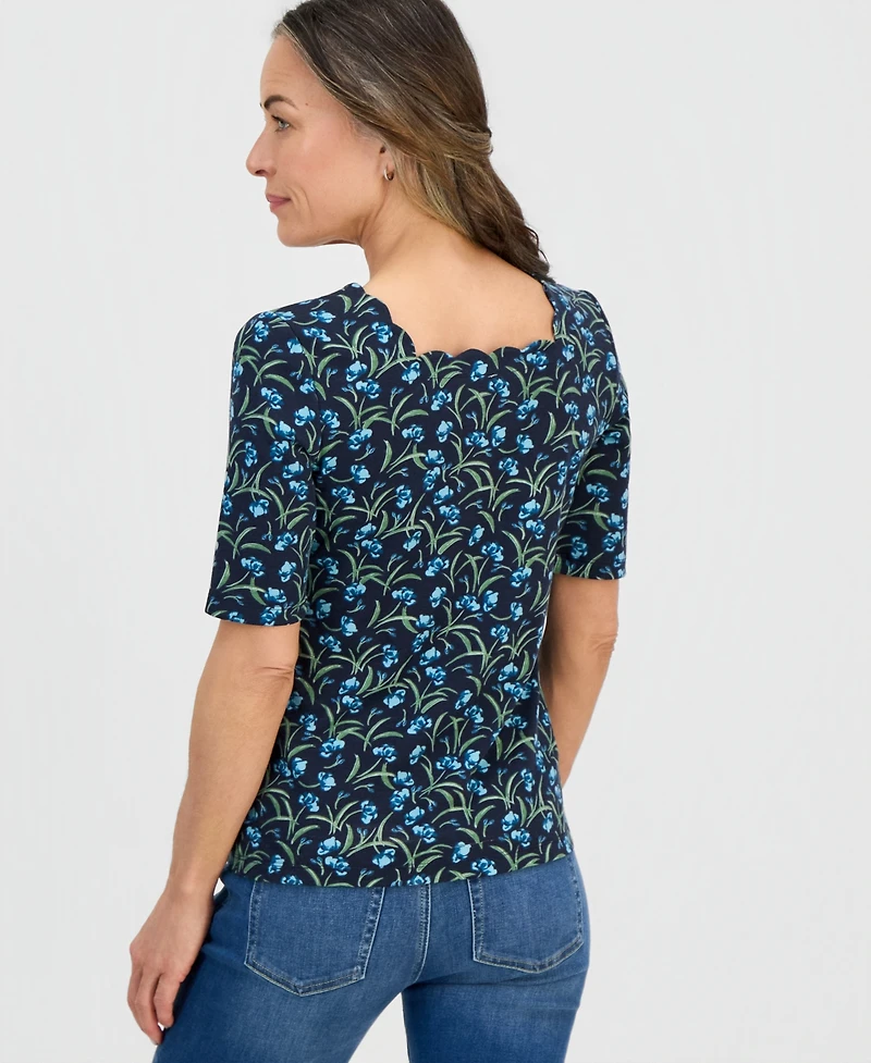 Style & Co Petite Flower Field Elbow-Sleeve Scalloped Square-Neck Top, Macy's Exclusive