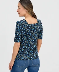Style & Co Petite Flower Field Elbow-Sleeve Scalloped Square-Neck Top, Macy's Exclusive